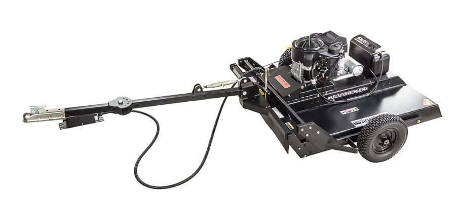 Swisher Country Cut 44" Rough Cut Mower, black, angled view with wheels and engine details.