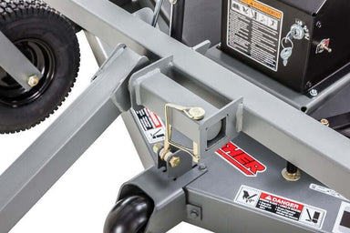Swisher Fast Finish 60" Commercial Pro Mower close-up view with gray frame, wheels, and safety labels.