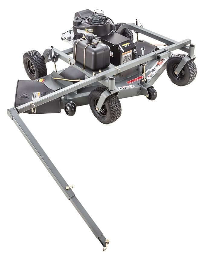 Swisher Fast Finish 60" mower, gray body with 12V engine and durable wheels.