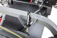 Swisher Fast Finish 60 commercial mower feature close-up, gray frame with adjustable height lever.