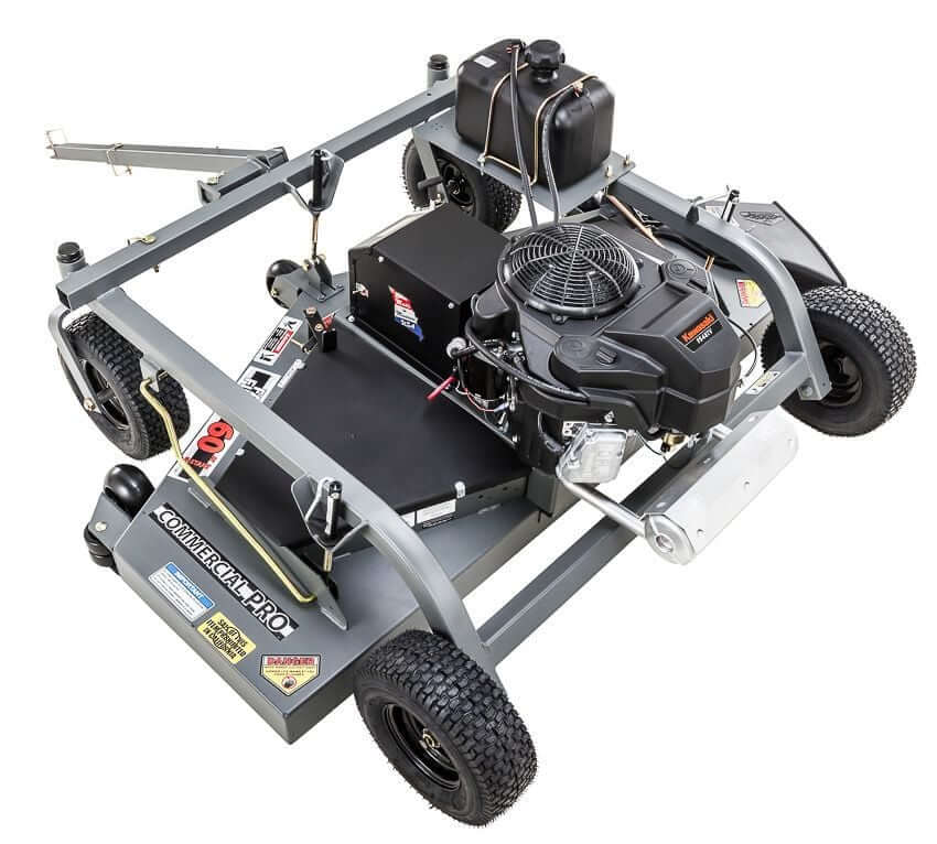 Swisher Fast Finish 60" 14.5 HP 12V Mower, top view, featuring compact design and durable wheels.
