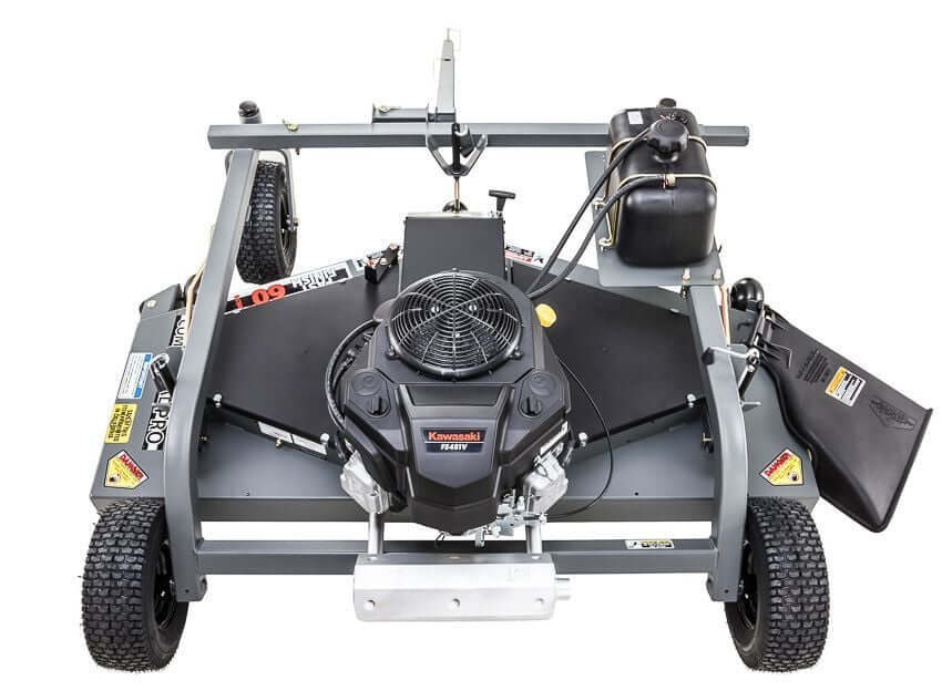 Swisher Fast Finish 60" mower, 14.5 HP, 12V, top view, with Kawasaki engine and wheels.