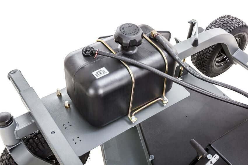 Swisher Fast Finish 60" 14.5 HP 12V mower top-down view featuring black fuel tank and sturdy wheels.