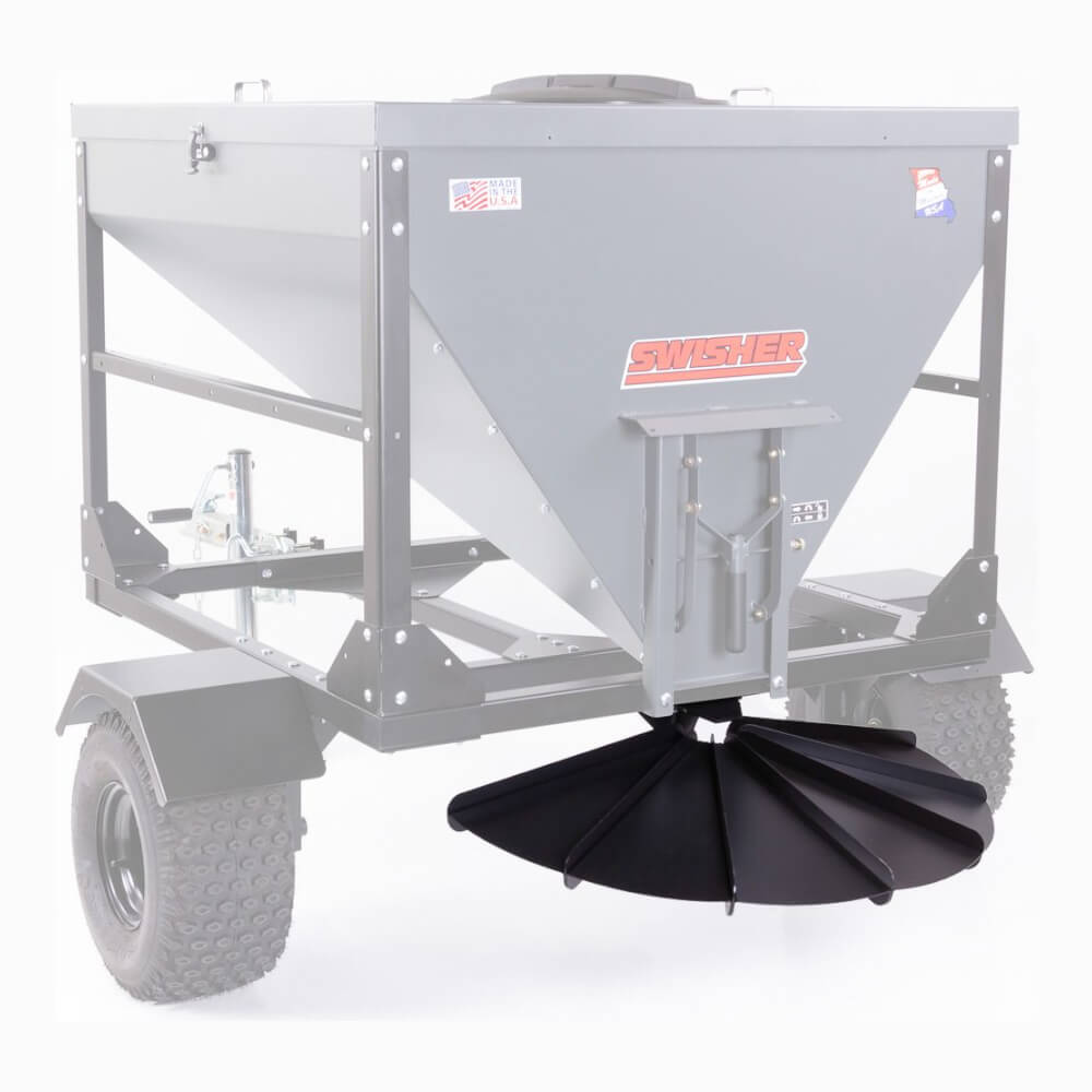 Swisher Hobby Farm Pro Drop Feeder 20 CuFt, gray hopper, angled view with black spreader.