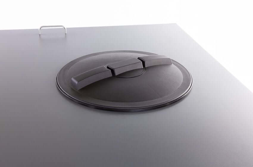 Swisher Hobby Farm Pro Drop Feeder 20 CuFt top view, gray color with a flat lid and handle.