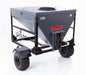 Swisher Hobby Farm Pro Drop Feeder 20 CuFt, gray metal, angled view with wheels and handle.