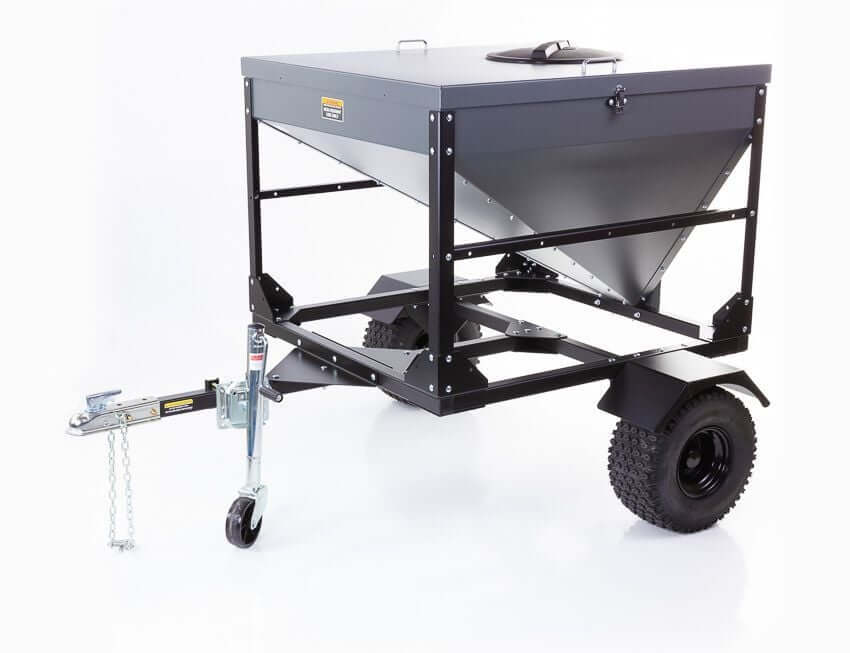 Swisher Hobby Farm Pro Drop Feeder 20 CuFt, black metal design with wheels and handle.