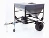 Swisher Hobby Farm Pro Drop Feeder 20 CuFt, black metal design with wheels and handle.