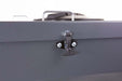 Swisher Hobby Farm Pro Drop Feeder 20 CuFt gray front view with locking mechanism and handle.