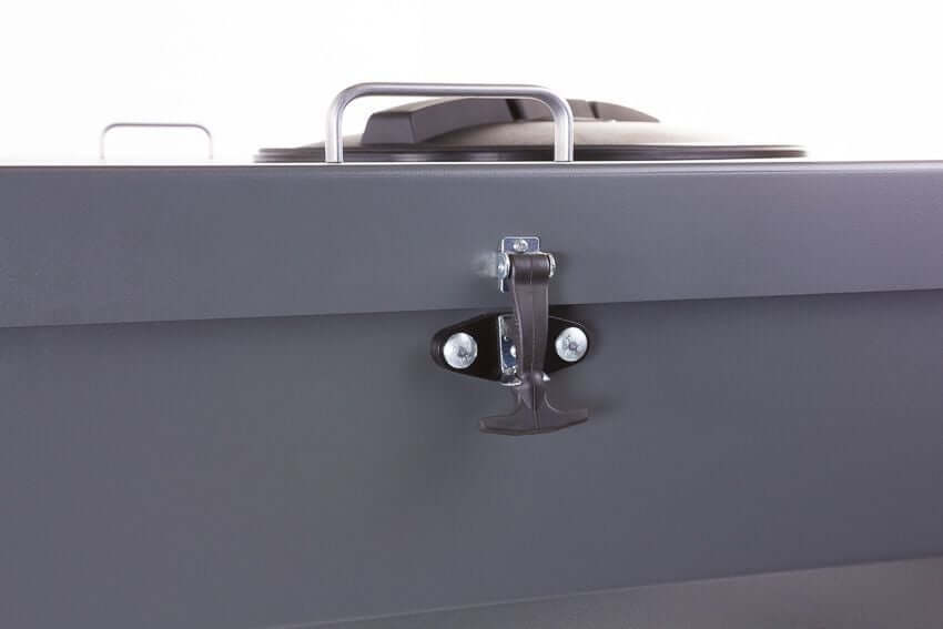 Swisher Hobby Farm Pro Drop Feeder 20 CuFt gray front view with locking mechanism and handle.