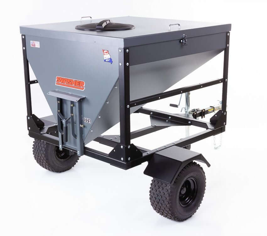 Swisher Hobby Farm Pro Drop Feeder 20 CuFt, gray metal structure, angled view, with wheels.