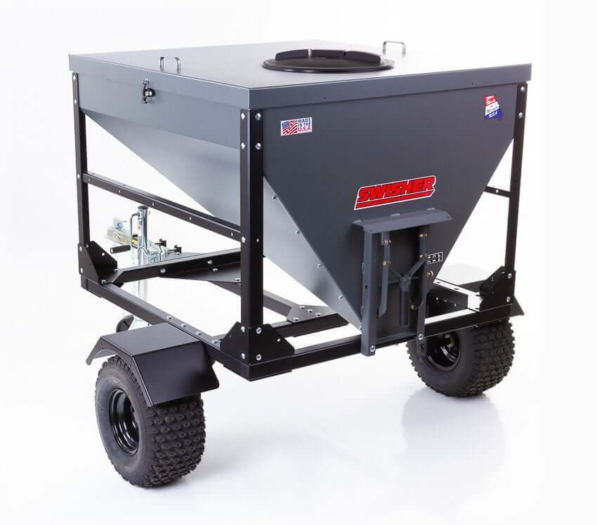 Swisher Hobby Farm Pro Drop Feeder 20 CuFt, gray metal with wheels and top opening.