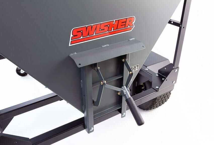 Swisher Hobby Farm Pro Drop Feeder, gray with a handle and wheels, rear view.