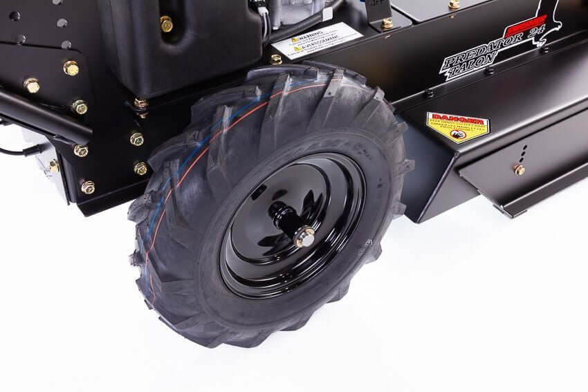 Swisher Predator 24" mower angled view showcasing rugged tire and robust black chassis.