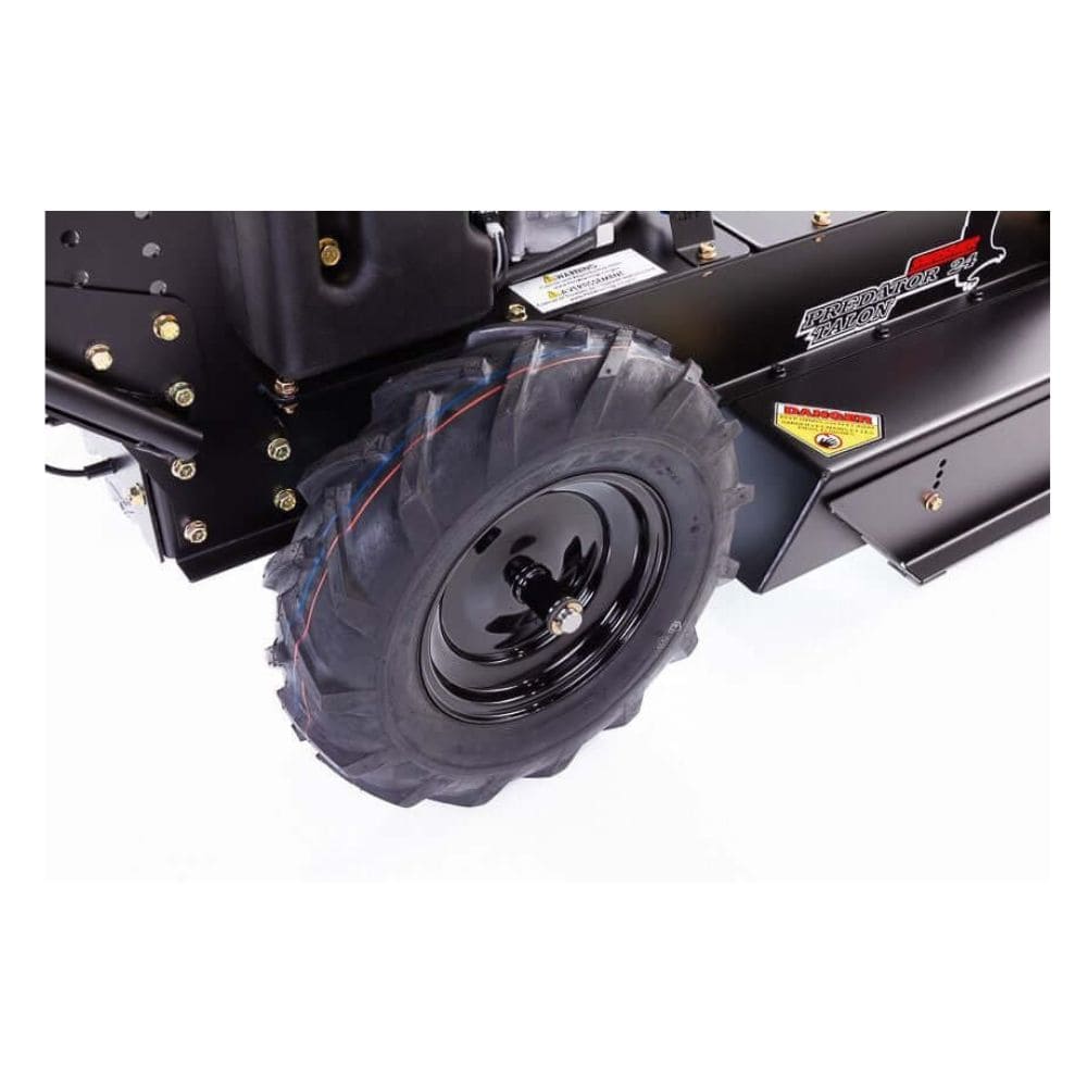 Swisher Predator 24" mower angled view showcasing rugged tire and robust black chassis.