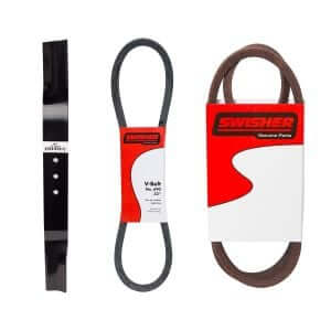 Swisher Predator 24" mower replacement parts: black blade and two drive belts in packaging.