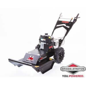 Swisher Predator 24" Walk Behind Rough Cut Mower, black, angled view with large wheels and engine.