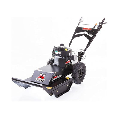 Swisher Predator 24" Walk Behind Rough Cut Mower, black, angled view with large wheels and engine.