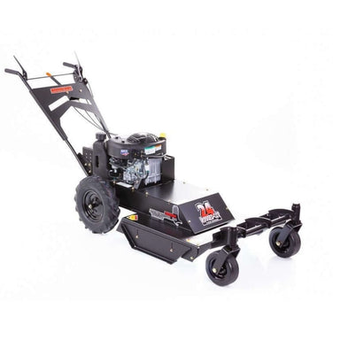 Swisher Predator 24" Walk Behind Rough Cut Mower, black, angled view with engine and large wheels.