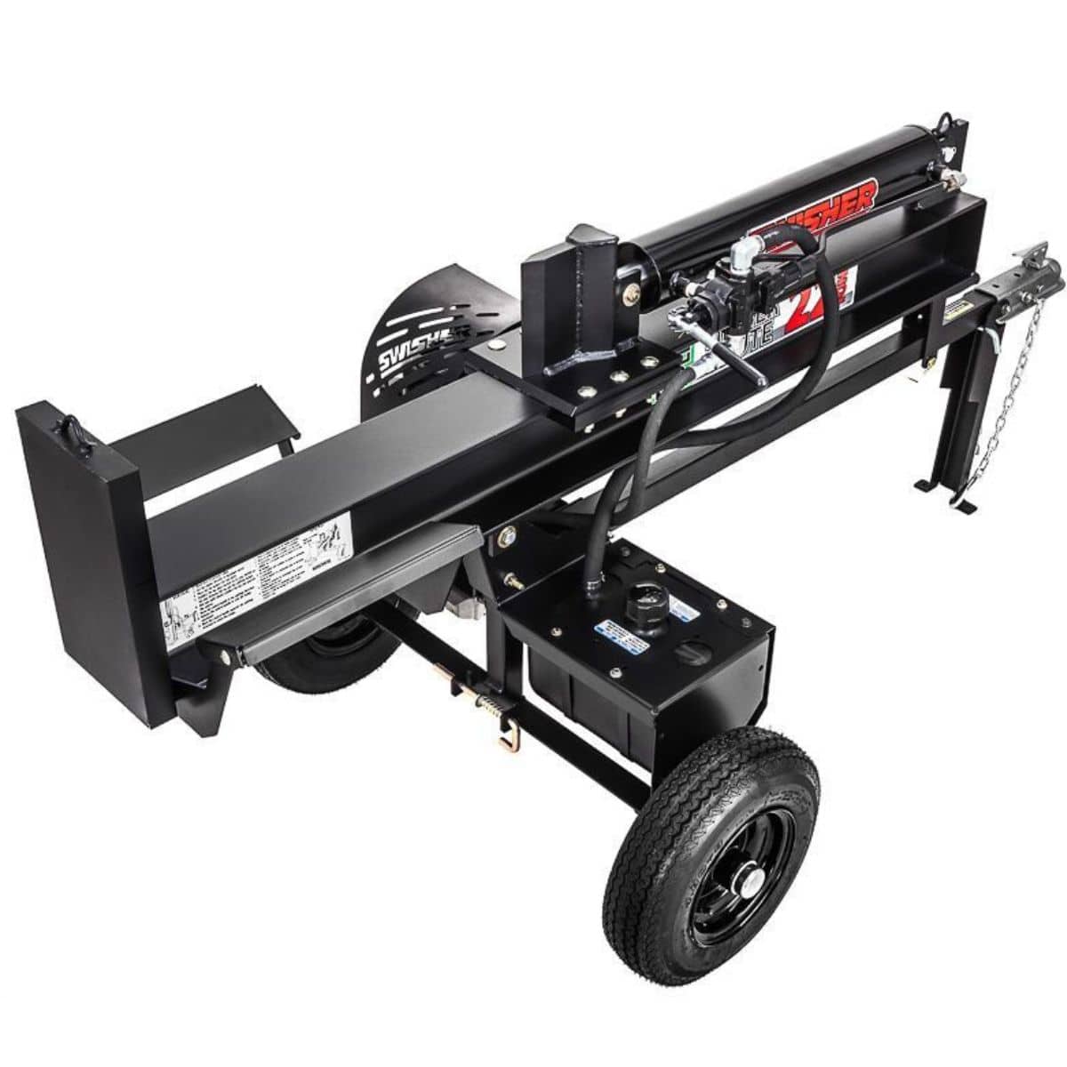 Swisher 22 Ton Log Splitter back view black with wheels featuring powerful hydraulics and towable design