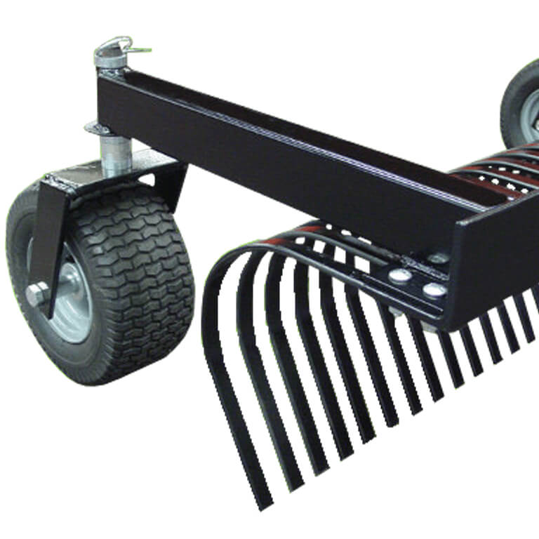 BEFCO Tractor Landscape Rake, angled view, black with metal tines and wheels.