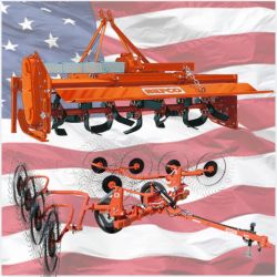 Two Orange Tractor Attachments over an American Flag - Yard Patriots