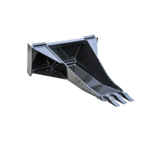 Unbreakable Skid Steer Stump Bucket by Prime Attachments, angled view, black with sharp tines.