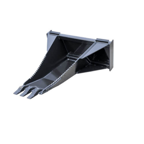 Unbreakable Skid Steer Stump Bucket by Prime Attachments, angled view, durable black construction with sharp teeth.