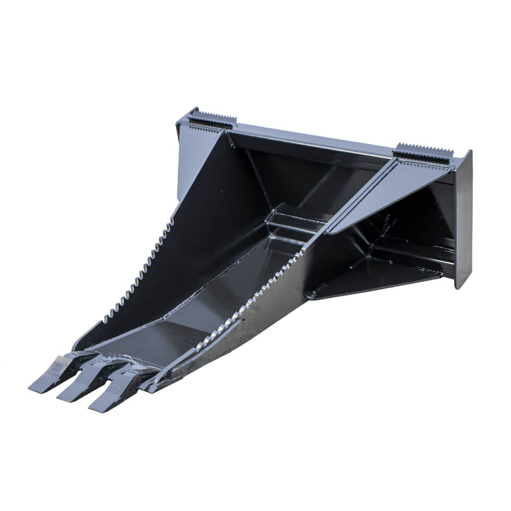 Prime Attachments Unbreakable Skid Steer Stump Bucket, black with angled design and three teeth.