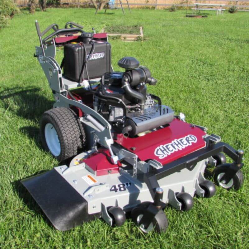 Shepherd Walk-Behind Lawn Mower, angled view with a 48-inch cutting deck and robust wheels.