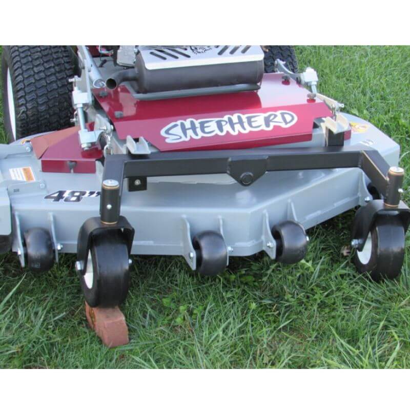 Shepherd Walk-Behind Lawn Mower angled view, featuring red and gray finish with durable wheels.