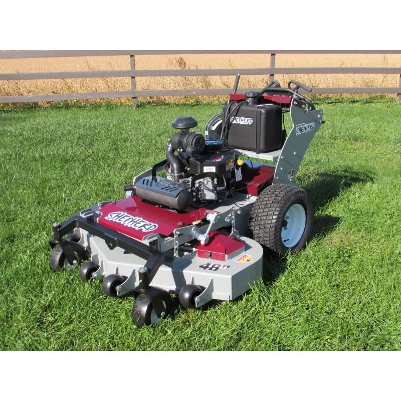 Shepherd Walk-Behind Lawn Mower, angled view, featuring a red and silver design with large wheels.