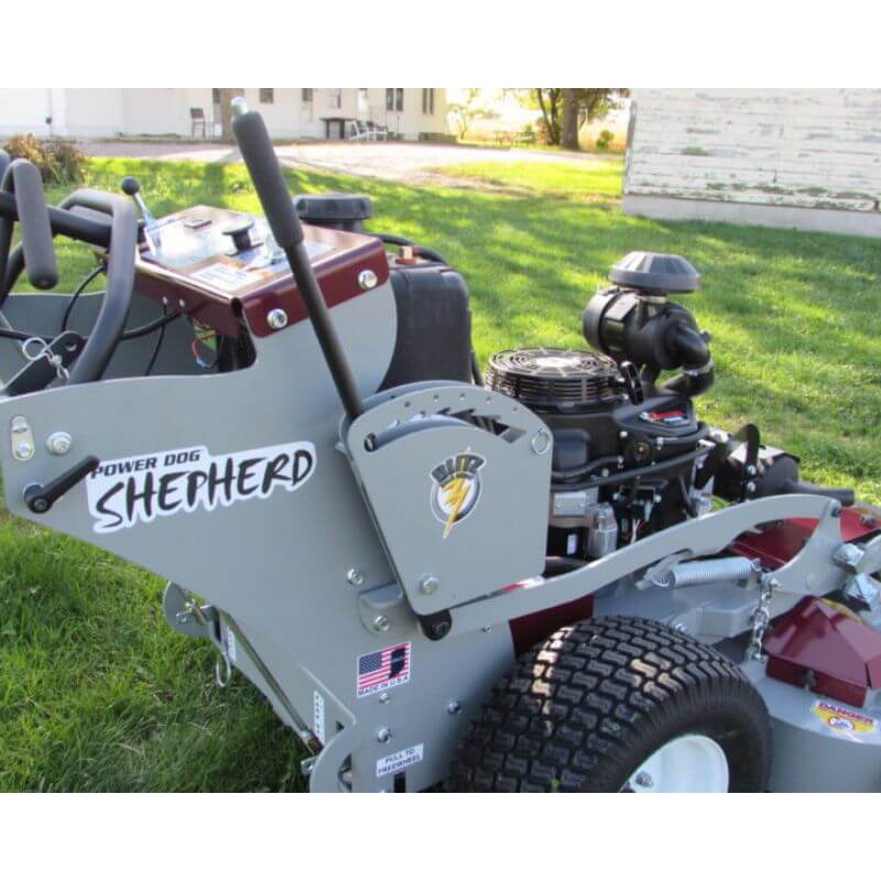 Power Dog Shepherd walk-behind lawn mower in gray and maroon with dual handles and large wheels.