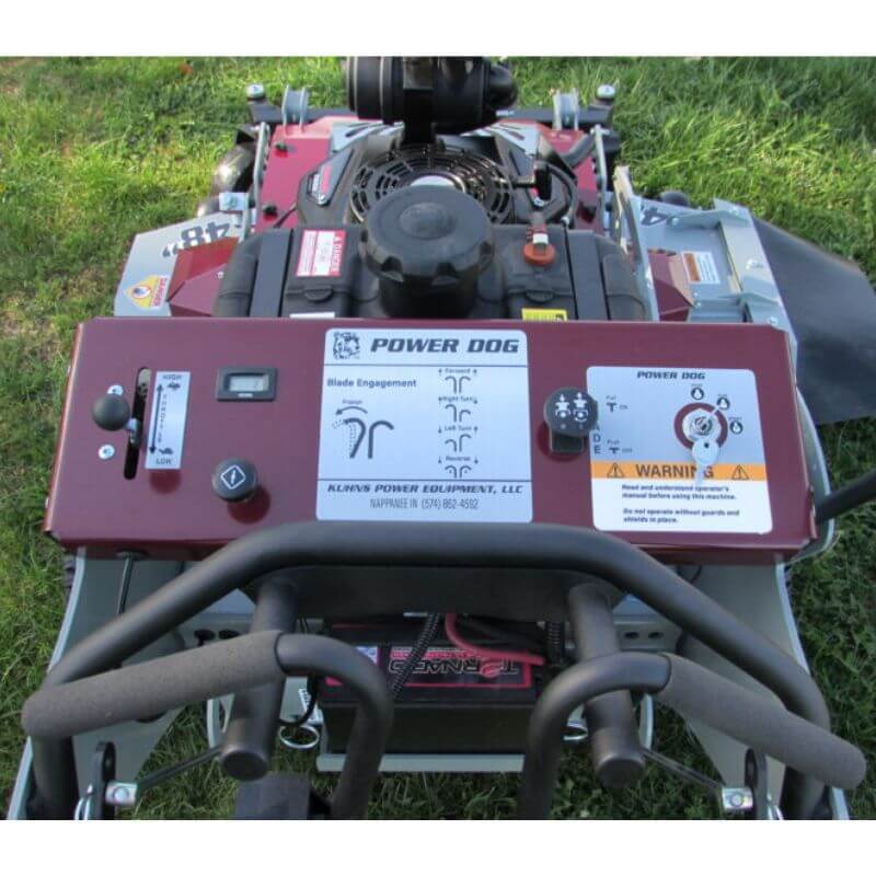 Walk-Behind Lawn Mower Shepherd Power Dog, top-down view with control panel and handle features.