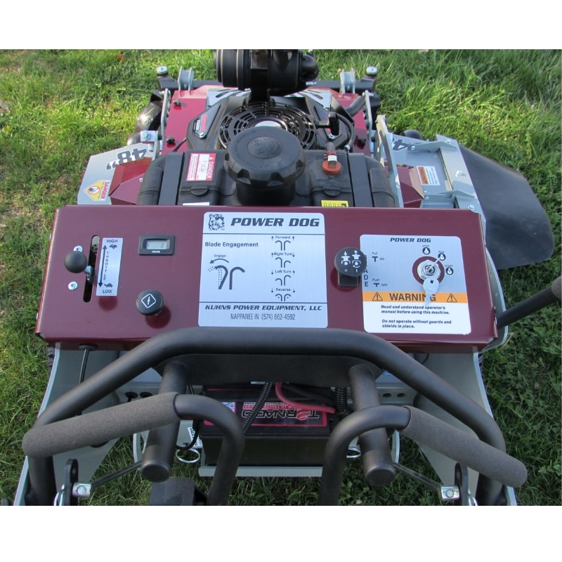 Walk-Behind Lawn Mower Shepherd Power Dog, top-down view with control panel and handle features.